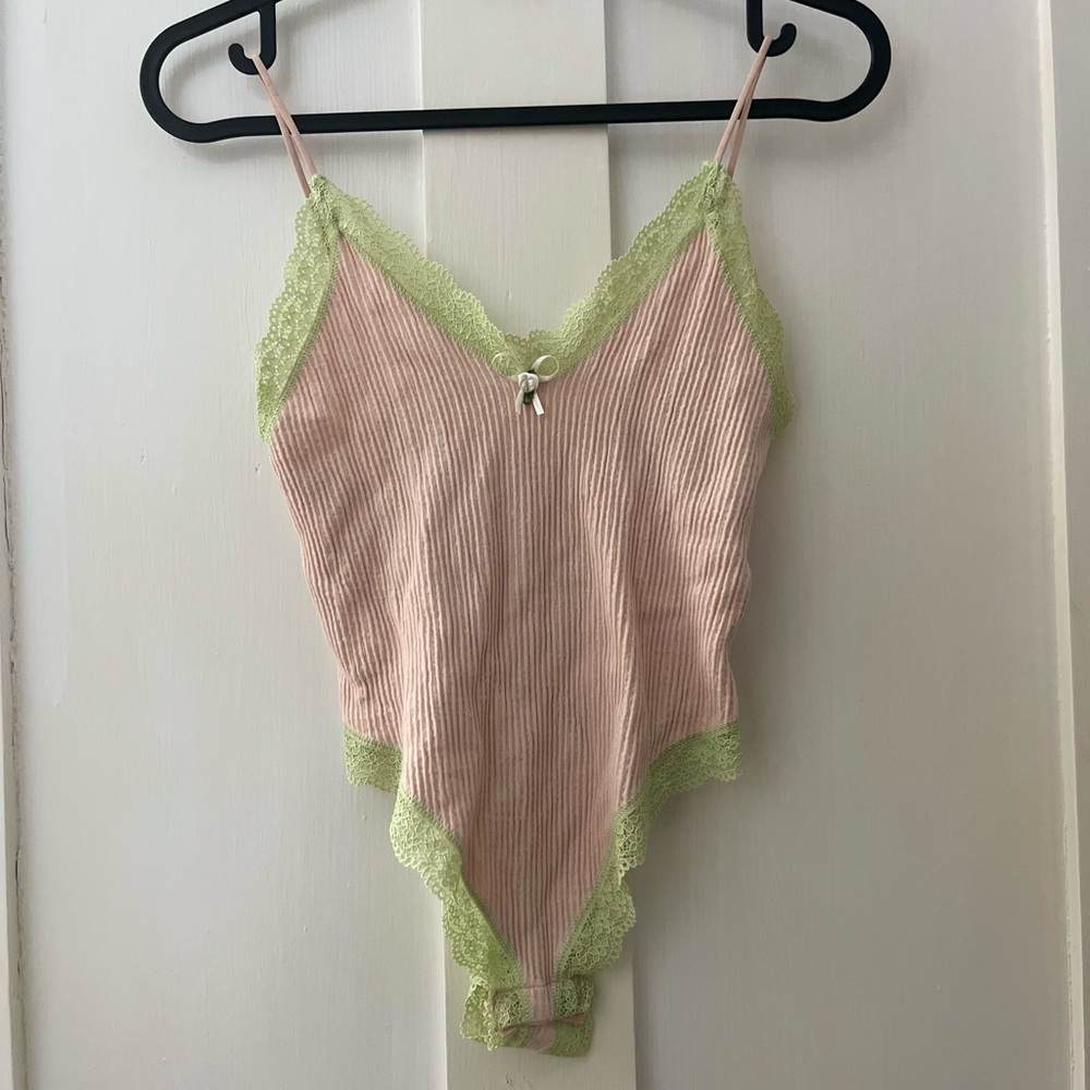 Pink Ribbed w Green Lace Trim UO Bodysuit